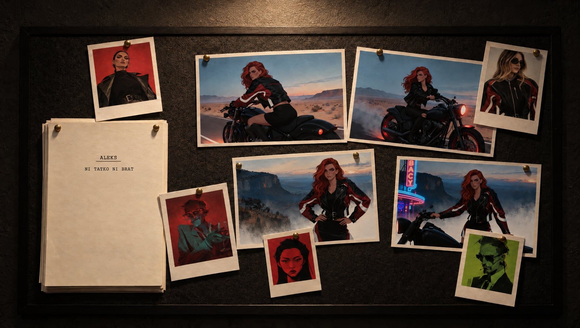 Pinboard with the script, the moodboard prints and four reference stills of the heroine